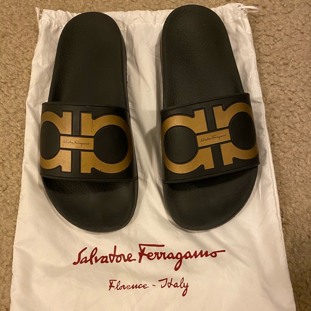 Salvatore Ferragamo Black & Gold Slides